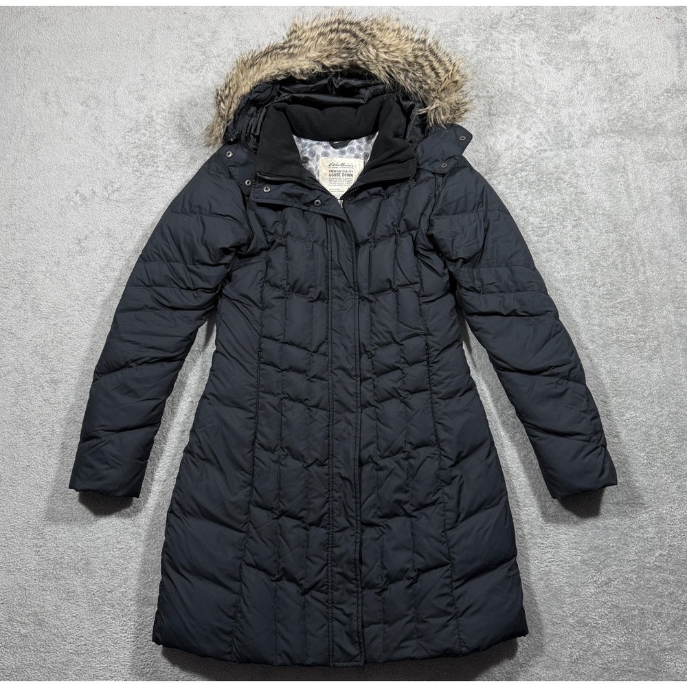 Eddie Bauer Jacket Womens‎ XS Black Goose Down Long Full Zip Parka Hooded Puffer